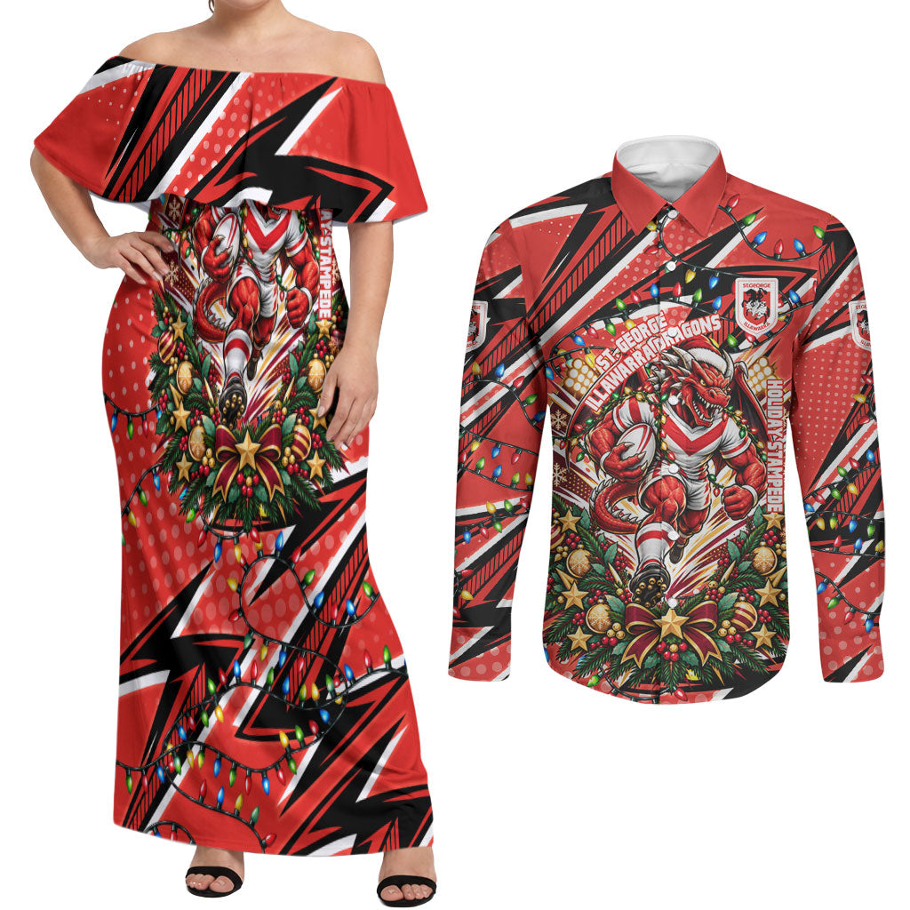 Personalized St. George Illawarra Dragons Rugby Christmas Couples Matching Off Shoulder Maxi Dress and Long Sleeve Button Shirt Holiday Mascot Graphic Art Festive Lights Bow
