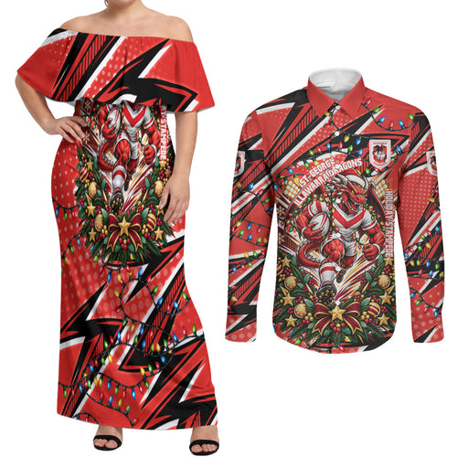 Personalized St. George Illawarra Dragons Rugby Christmas Couples Matching Off Shoulder Maxi Dress and Long Sleeve Button Shirt Holiday Mascot Graphic Art Festive Lights Bow