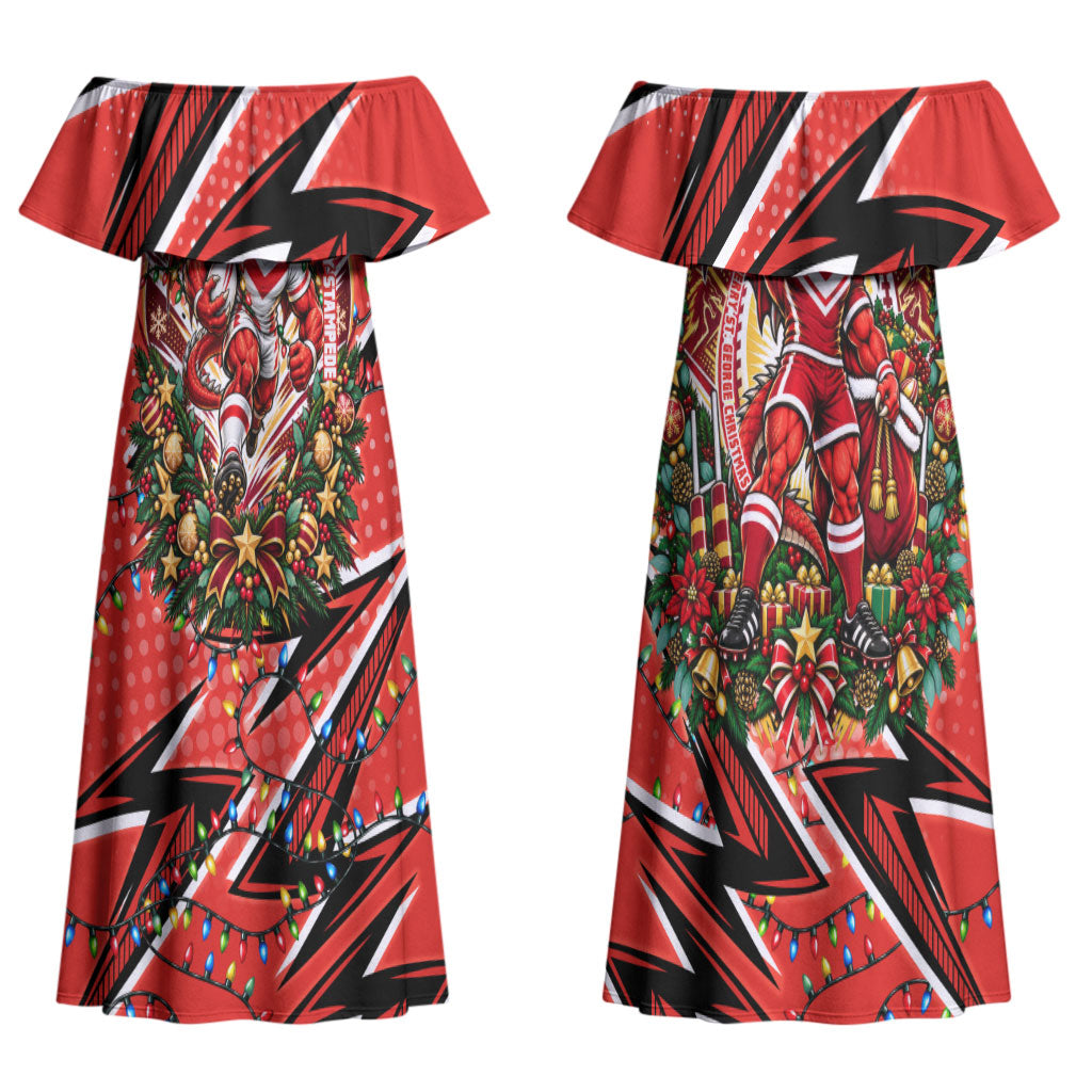 Personalized St. George Illawarra Dragons Rugby Christmas Couples Matching Off Shoulder Maxi Dress and Long Sleeve Button Shirt Holiday Mascot Graphic Art Festive Lights Bow