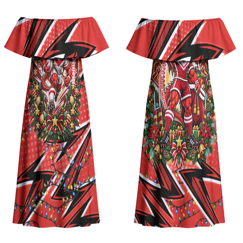 Personalized St. George Illawarra Dragons Rugby Christmas Couples Matching Off Shoulder Maxi Dress and Long Sleeve Button Shirt Holiday Mascot Graphic Art Festive Lights Bow