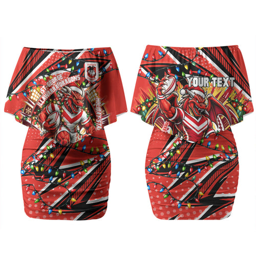 Personalized St. George Illawarra Dragons Rugby Christmas Couples Matching Off Shoulder Short Dress and Hawaiian Shirt Holiday Mascot Graphic Art Festive Lights Bow