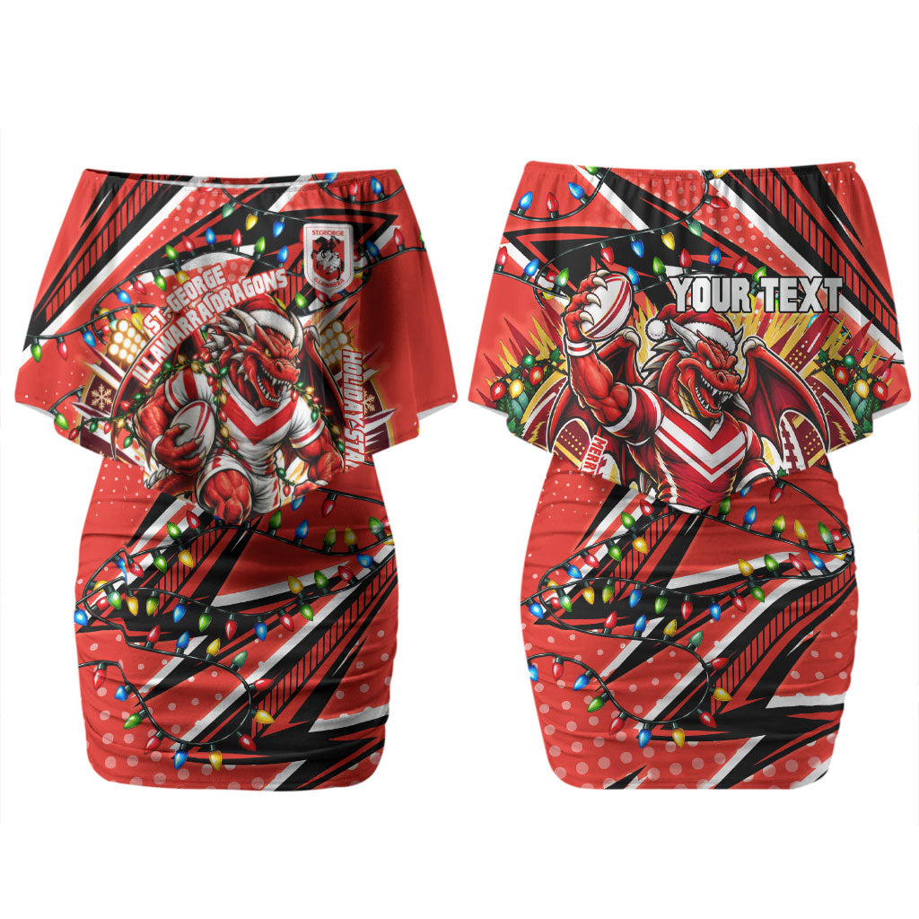 Personalized St. George Illawarra Dragons Rugby Christmas Couples Matching Off Shoulder Short Dress and Long Sleeve Button Shirt Holiday Mascot Graphic Art Festive Lights Bow