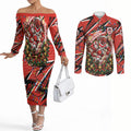 Personalized St. George Illawarra Dragons Rugby Christmas Couples Matching Off The Shoulder Long Sleeve Dress and Long Sleeve Button Shirt Holiday Mascot Graphic Art Festive Lights Bow