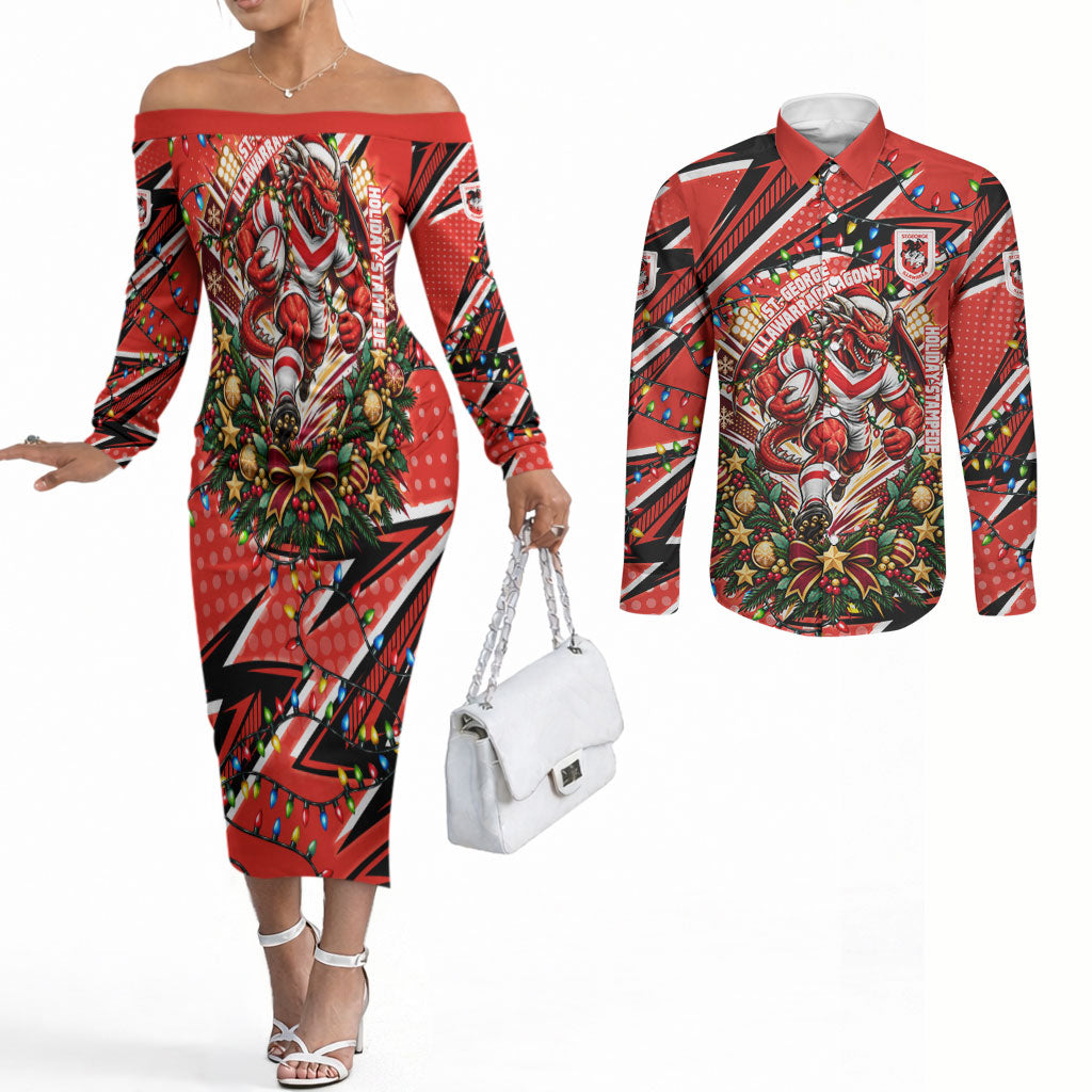 Personalized St. George Illawarra Dragons Rugby Christmas Couples Matching Off The Shoulder Long Sleeve Dress and Long Sleeve Button Shirt Holiday Mascot Graphic Art Festive Lights Bow