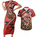 Personalized St. George Illawarra Dragons Rugby Christmas Couples Matching Short Sleeve Bodycon Dress and Hawaiian Shirt Holiday Mascot Graphic Art Festive Lights Bow