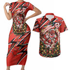 Personalized St. George Illawarra Dragons Rugby Christmas Couples Matching Short Sleeve Bodycon Dress and Hawaiian Shirt Holiday Mascot Graphic Art Festive Lights Bow
