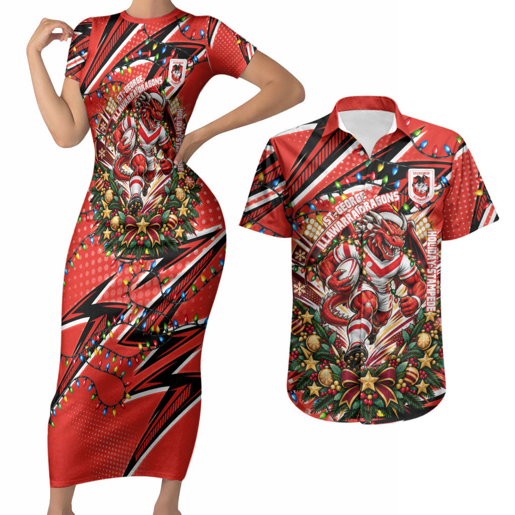 Personalized St. George Illawarra Dragons Rugby Christmas Couples Matching Short Sleeve Bodycon Dress and Hawaiian Shirt Holiday Mascot Graphic Art Festive Lights Bow