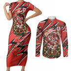 Personalized St. George Illawarra Dragons Rugby Christmas Couples Matching Short Sleeve Bodycon Dress and Long Sleeve Button Shirt Holiday Mascot Graphic Art Festive Lights Bow