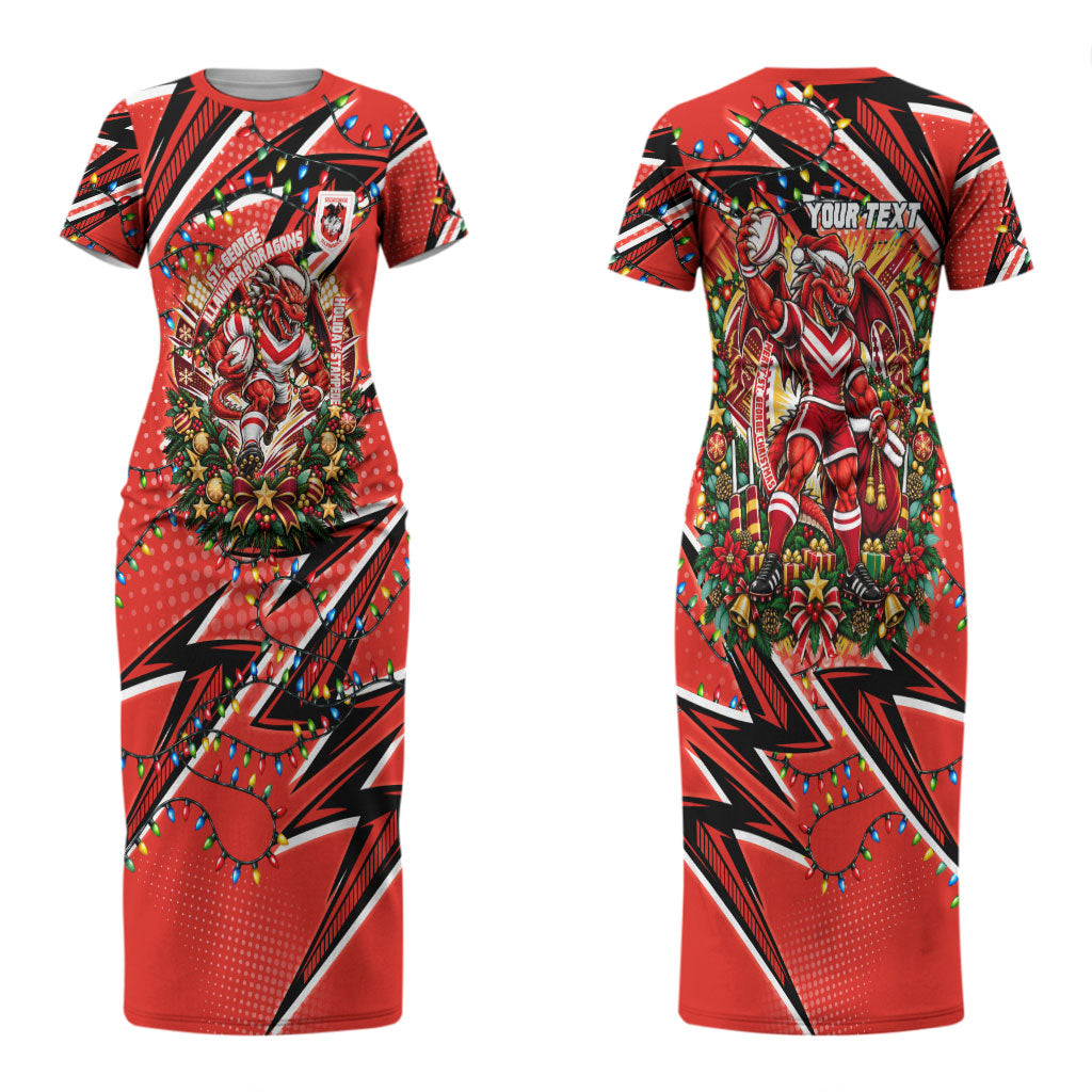 Personalized St. George Illawarra Dragons Rugby Christmas Couples Matching Short Sleeve Bodycon Dress and Long Sleeve Button Shirt Holiday Mascot Graphic Art Festive Lights Bow
