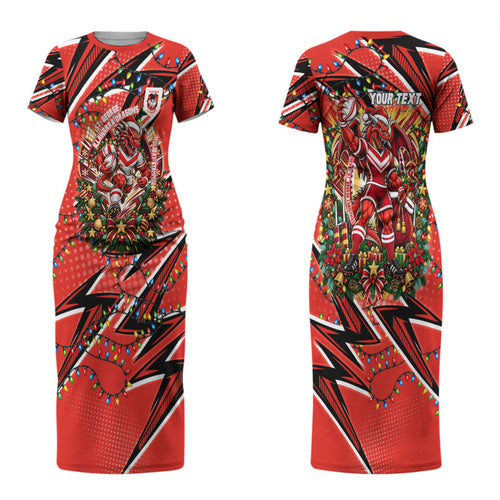 Personalized St. George Illawarra Dragons Rugby Christmas Couples Matching Short Sleeve Bodycon Dress and Long Sleeve Button Shirt Holiday Mascot Graphic Art Festive Lights Bow