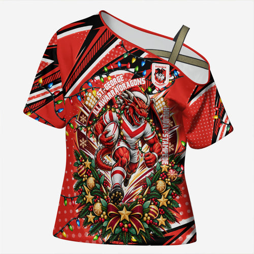 Personalized St. George Illawarra Dragons Rugby Christmas Cross Shoulder Shirt Holiday Mascot Graphic Art Festive Lights Bow