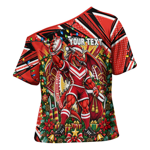 Personalized St. George Illawarra Dragons Rugby Christmas Cross Shoulder Shirt Holiday Mascot Graphic Art Festive Lights Bow