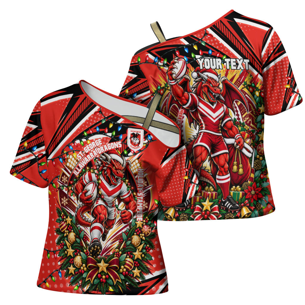 Personalized St. George Illawarra Dragons Rugby Christmas Cross Shoulder Shirt Holiday Mascot Graphic Art Festive Lights Bow