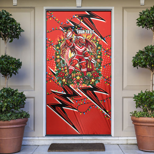 Personalized St. George Illawarra Dragons Rugby Christmas Door Cover Holiday Mascot Graphic Art Festive Lights Bow