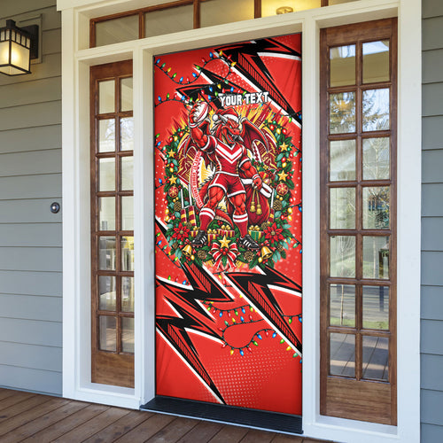 Personalized St. George Illawarra Dragons Rugby Christmas Door Cover Holiday Mascot Graphic Art Festive Lights Bow