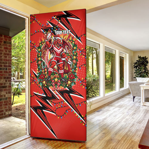 Personalized St. George Illawarra Dragons Rugby Christmas Door Cover Holiday Mascot Graphic Art Festive Lights Bow