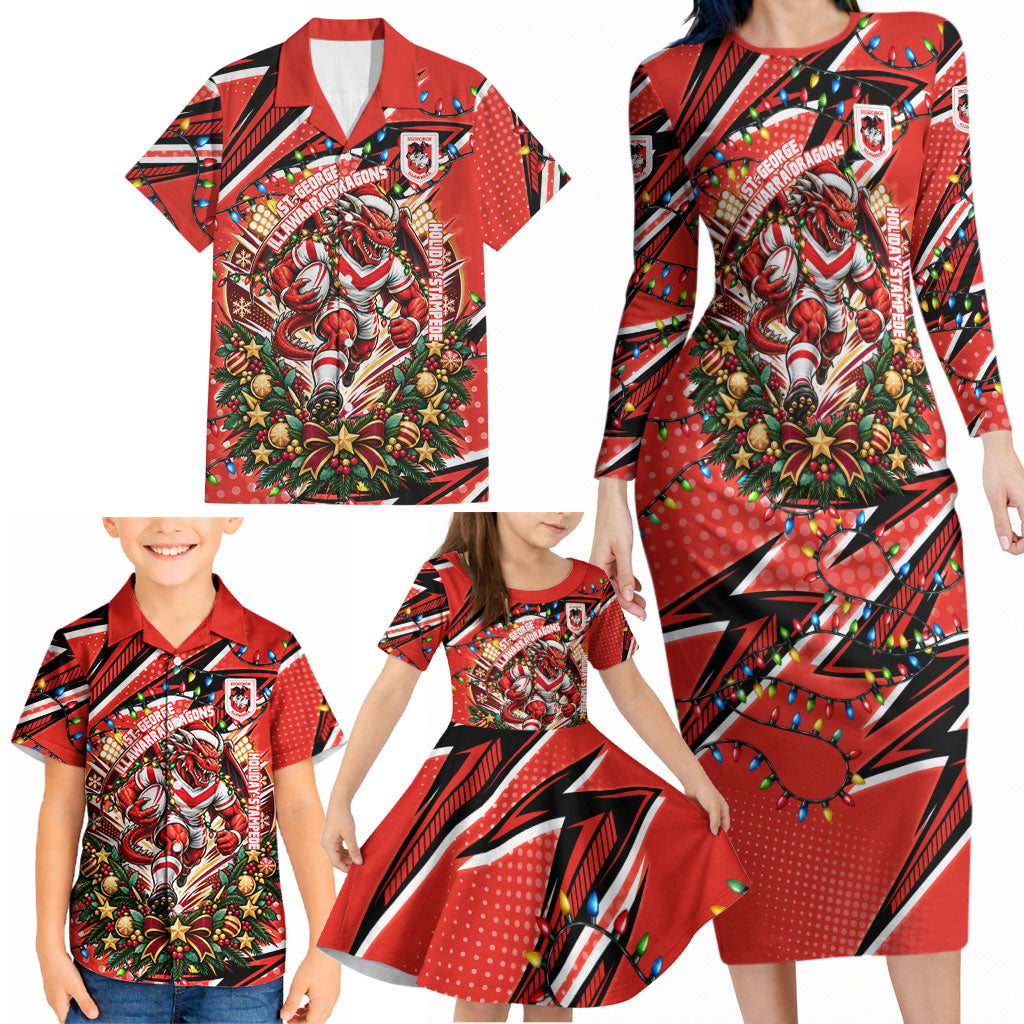 Personalized St. George Illawarra Dragons Rugby Christmas Family Matching Long Sleeve Bodycon Dress and Hawaiian Shirt Holiday Mascot Graphic Art Festive Lights Bow