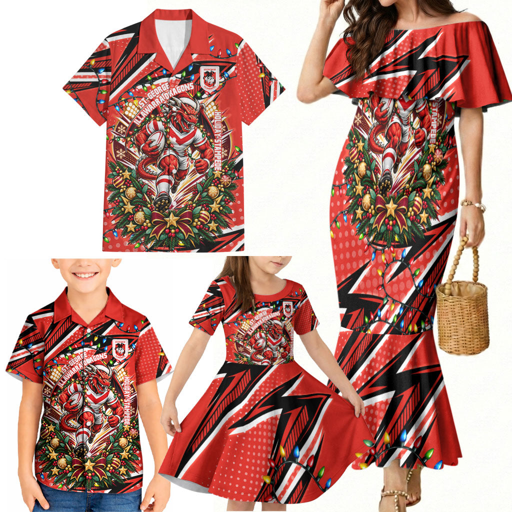 Personalized St. George Illawarra Dragons Rugby Christmas Family Matching Mermaid Dress and Hawaiian Shirt Holiday Mascot Graphic Art Festive Lights Bow