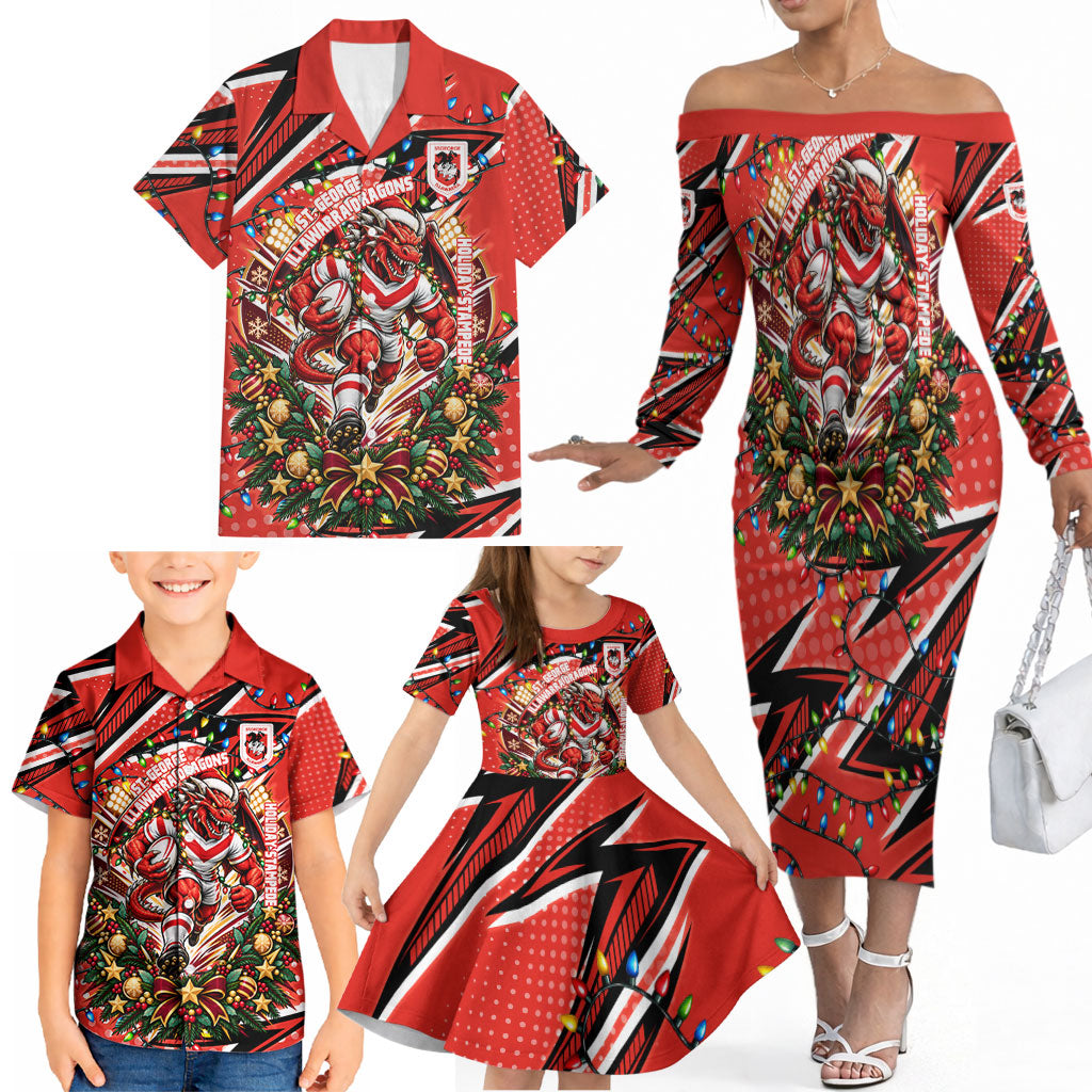 Personalized St. George Illawarra Dragons Rugby Christmas Family Matching Off The Shoulder Long Sleeve Dress and Hawaiian Shirt Holiday Mascot Graphic Art Festive Lights Bow