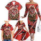 Personalized St. George Illawarra Dragons Rugby Christmas Family Matching Off The Shoulder Long Sleeve Dress and Hawaiian Shirt Holiday Mascot Graphic Art Festive Lights Bow