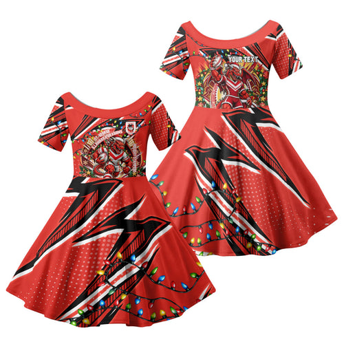 Personalized St. George Illawarra Dragons Rugby Christmas Family Matching Off The Shoulder Long Sleeve Dress and Hawaiian Shirt Holiday Mascot Graphic Art Festive Lights Bow