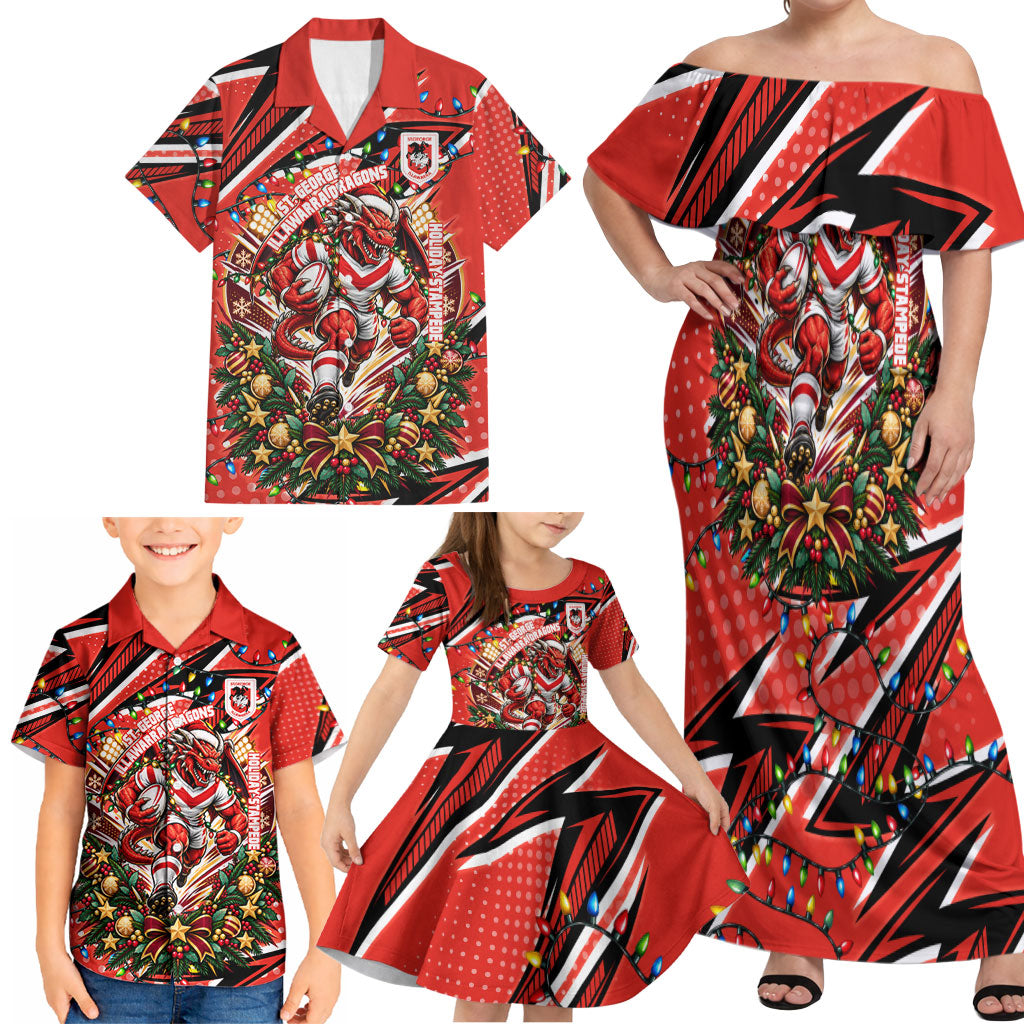 Personalized St. George Illawarra Dragons Rugby Christmas Family Matching Off Shoulder Maxi Dress and Hawaiian Shirt Holiday Mascot Graphic Art Festive Lights Bow