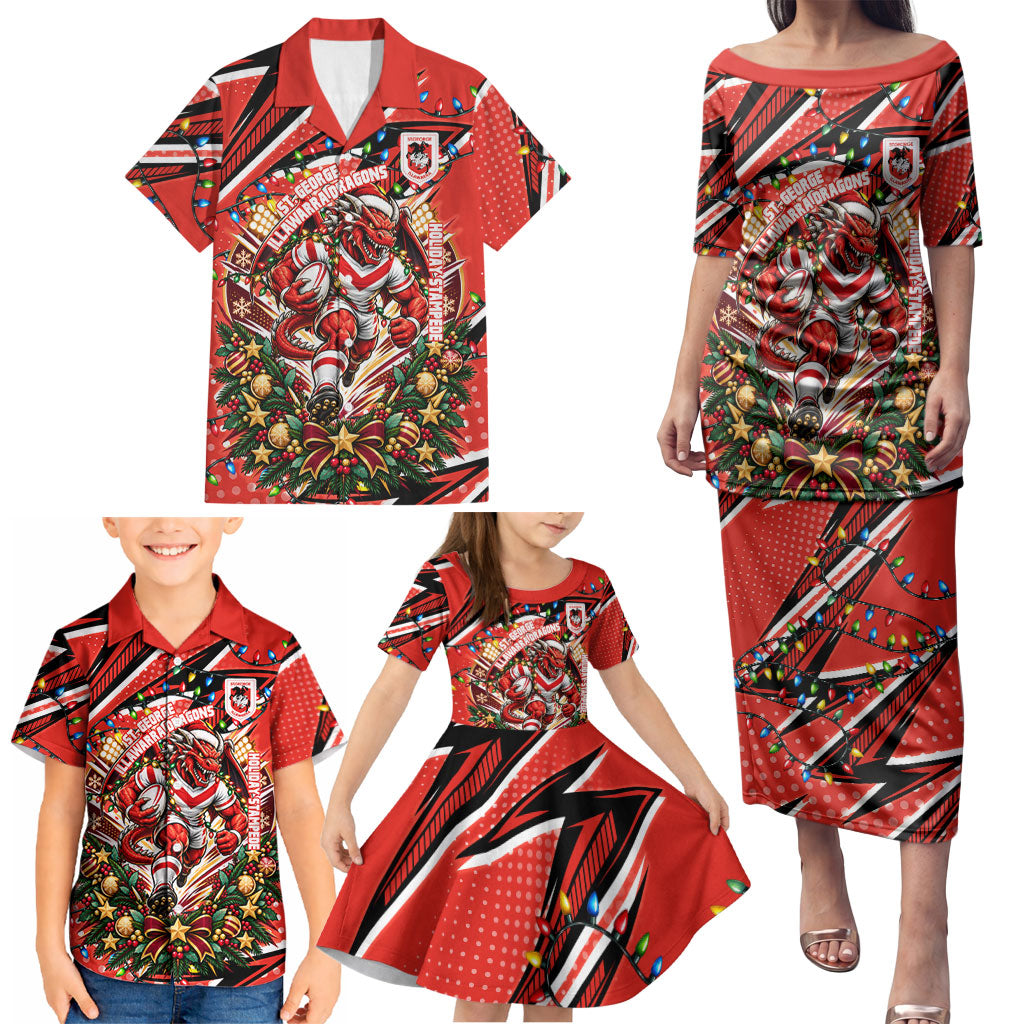 Personalized St. George Illawarra Dragons Rugby Christmas Family Matching Puletasi and Hawaiian Shirt Holiday Mascot Graphic Art Festive Lights Bow