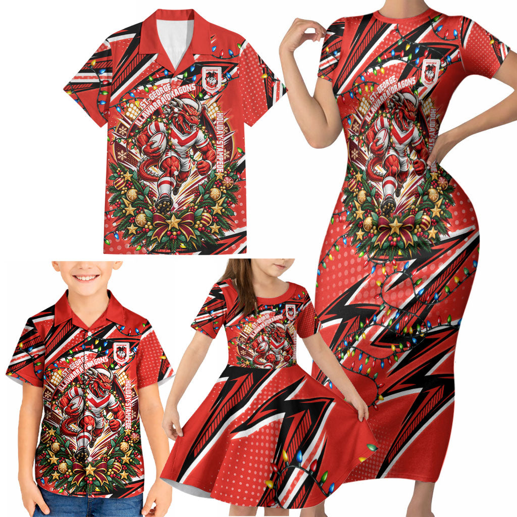 Personalized St. George Illawarra Dragons Rugby Christmas Family Matching Short Sleeve Bodycon Dress and Hawaiian Shirt Holiday Mascot Graphic Art Festive Lights Bow