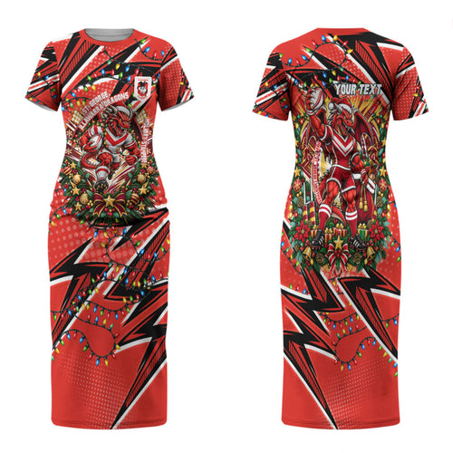 Personalized St. George Illawarra Dragons Rugby Christmas Family Matching Short Sleeve Bodycon Dress and Hawaiian Shirt Holiday Mascot Graphic Art Festive Lights Bow