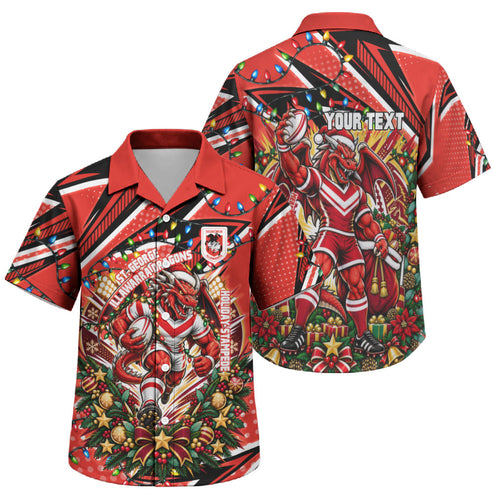 Personalized St. George Illawarra Dragons Rugby Christmas Family Matching Short Sleeve Bodycon Dress and Hawaiian Shirt Holiday Mascot Graphic Art Festive Lights Bow