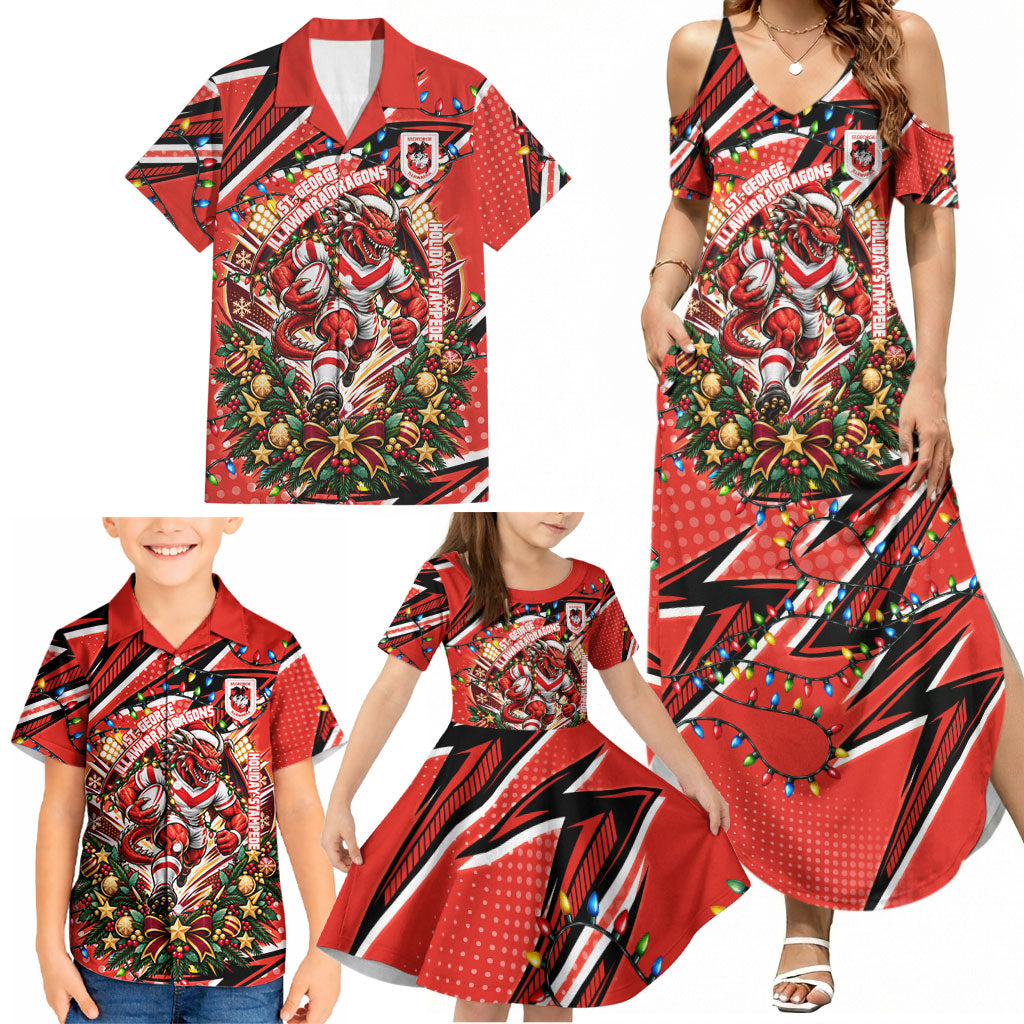 Personalized St. George Illawarra Dragons Rugby Christmas Family Matching Summer Maxi Dress and Hawaiian Shirt Holiday Mascot Graphic Art Festive Lights Bow