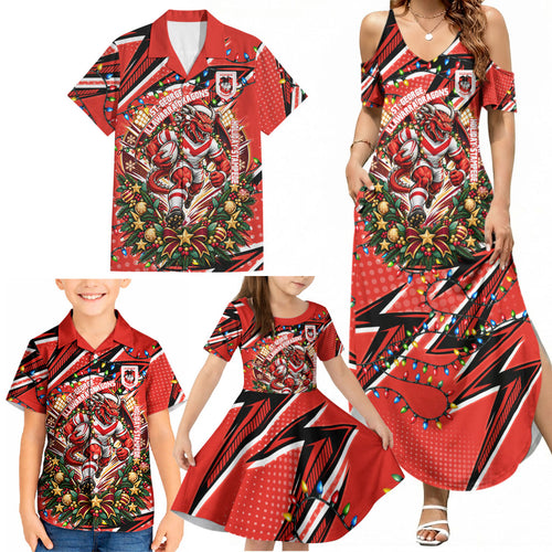 Personalized St. George Illawarra Dragons Rugby Christmas Family Matching Summer Maxi Dress and Hawaiian Shirt Holiday Mascot Graphic Art Festive Lights Bow