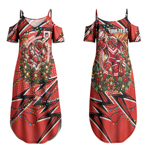 Personalized St. George Illawarra Dragons Rugby Christmas Family Matching Summer Maxi Dress and Hawaiian Shirt Holiday Mascot Graphic Art Festive Lights Bow