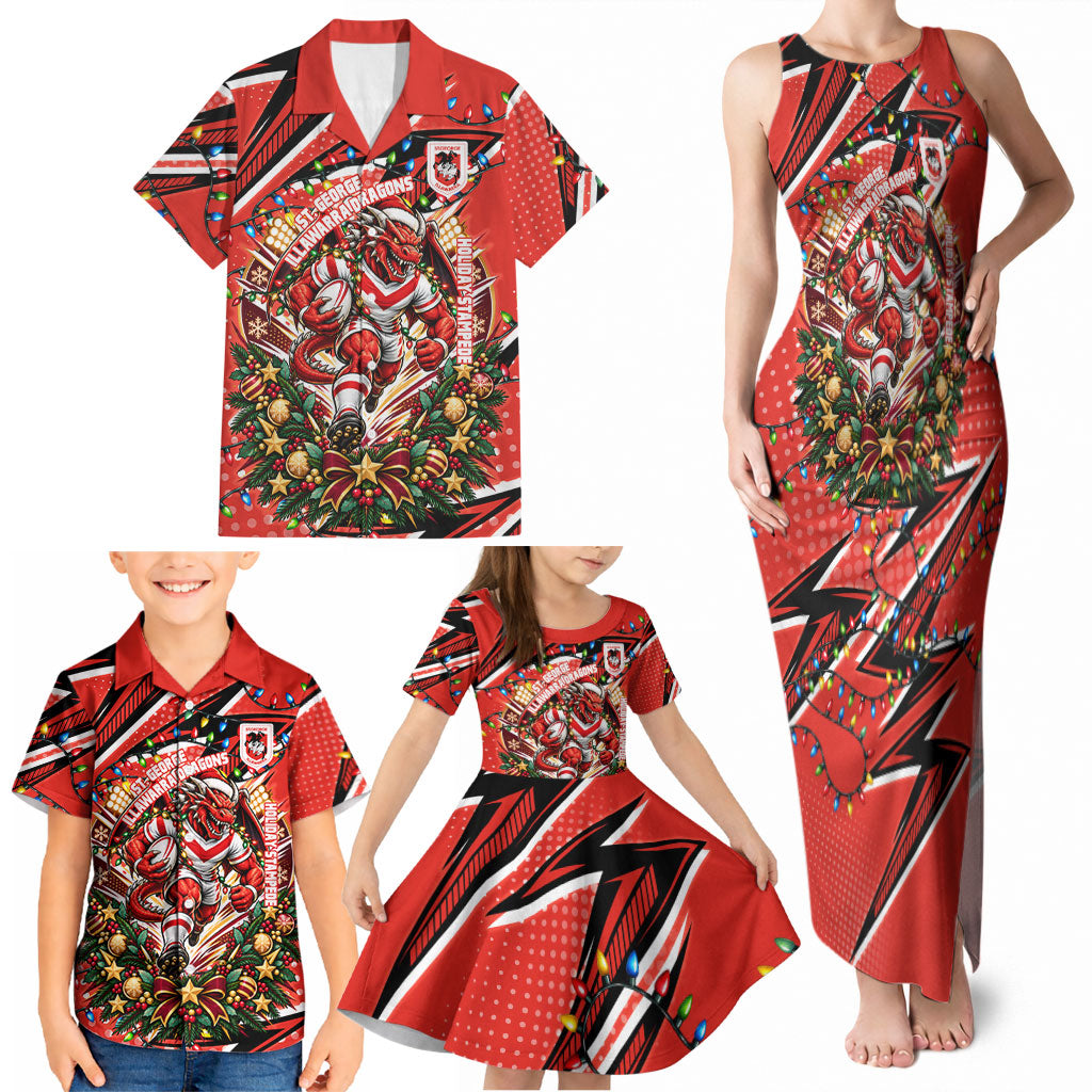 Personalized St. George Illawarra Dragons Rugby Christmas Family Matching Tank Maxi Dress and Hawaiian Shirt Holiday Mascot Graphic Art Festive Lights Bow