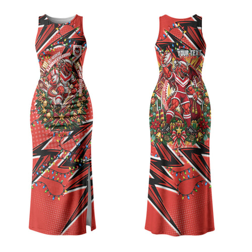 Personalized St. George Illawarra Dragons Rugby Christmas Family Matching Tank Maxi Dress and Hawaiian Shirt Holiday Mascot Graphic Art Festive Lights Bow
