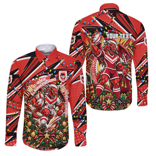 Personalized St. George Illawarra Dragons Rugby Christmas Family Matching Tank Maxi Dress and Hawaiian Shirt Holiday Mascot Graphic Art Festive Lights Bow