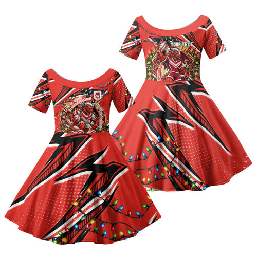 Personalized St. George Illawarra Dragons Rugby Christmas Family Matching Tank Maxi Dress and Hawaiian Shirt Holiday Mascot Graphic Art Festive Lights Bow