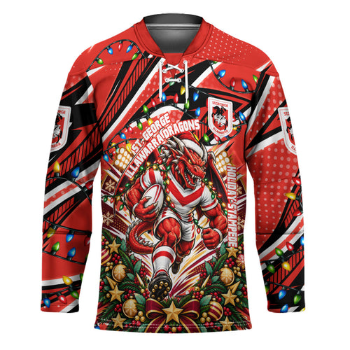 Personalized St. George Illawarra Dragons Rugby Christmas Hockey Jersey Holiday Mascot Graphic Art Festive Lights Bow