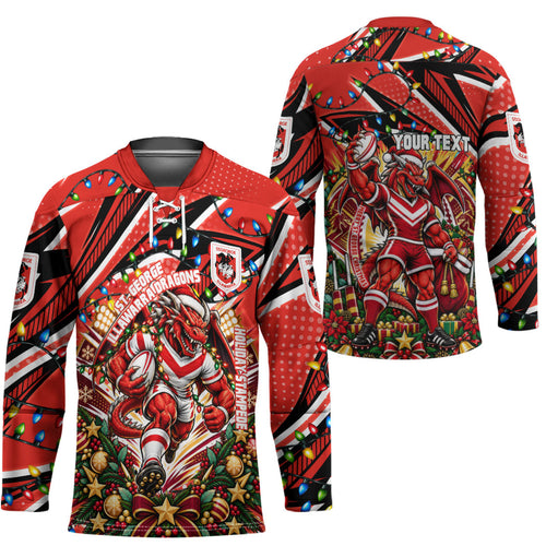 Personalized St. George Illawarra Dragons Rugby Christmas Hockey Jersey Holiday Mascot Graphic Art Festive Lights Bow