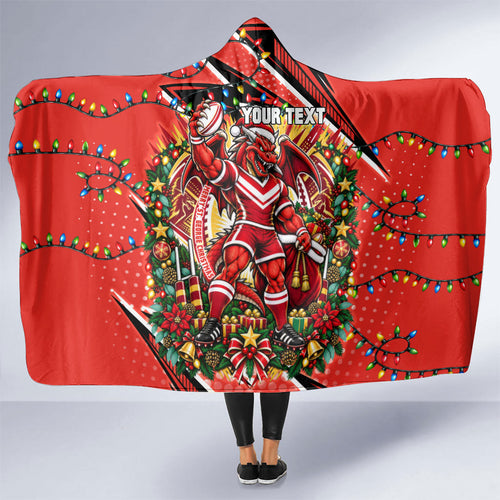Personalized St. George Illawarra Dragons Rugby Christmas Hooded Blanket Holiday Mascot Graphic Art Festive Lights Bow