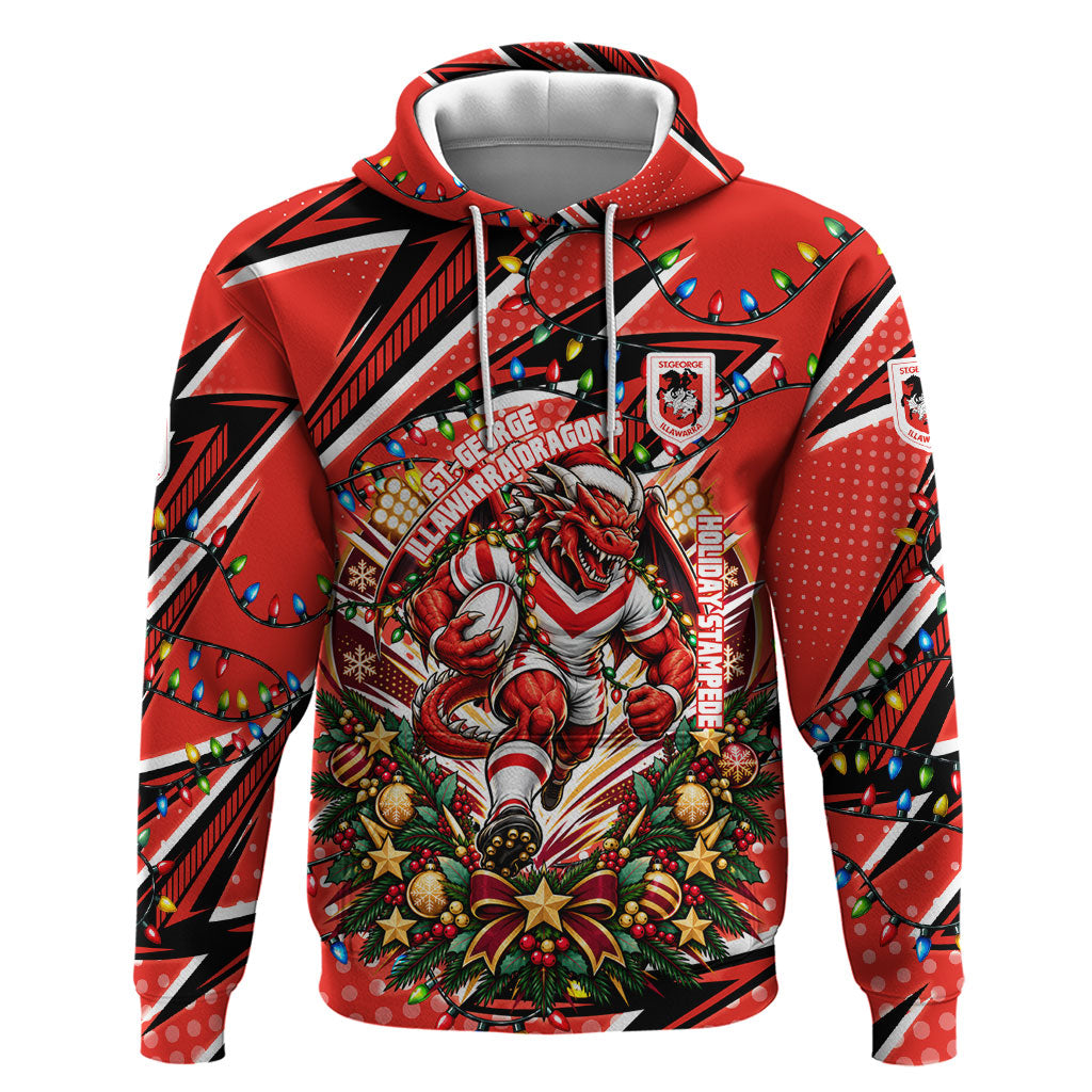 Personalized St. George Illawarra Dragons Rugby Christmas Hoodie Holiday Mascot Graphic Art Festive Lights Bow