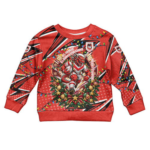 Personalized St. George Illawarra Dragons Rugby Christmas Kid Ugly Christmas Sweater Holiday Mascot Graphic Art Festive Lights Bow