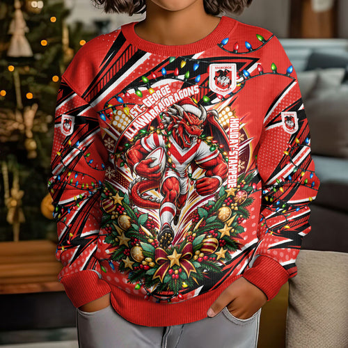 Personalized St. George Illawarra Dragons Rugby Christmas Kid Ugly Christmas Sweater Holiday Mascot Graphic Art Festive Lights Bow