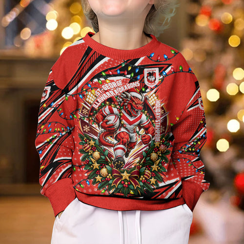 Personalized St. George Illawarra Dragons Rugby Christmas Kid Ugly Christmas Sweater Holiday Mascot Graphic Art Festive Lights Bow
