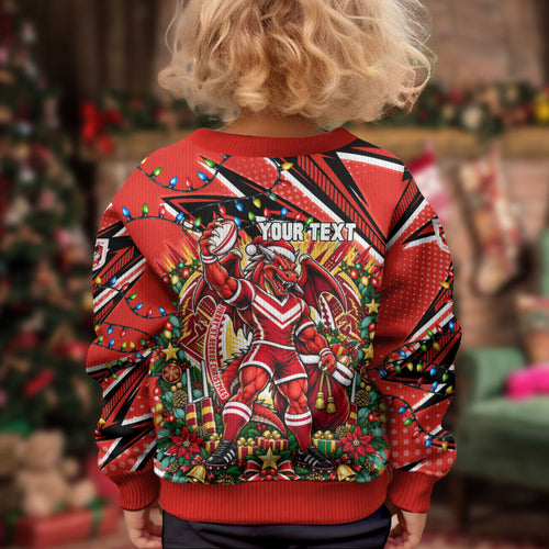 Personalized St. George Illawarra Dragons Rugby Christmas Kid Ugly Christmas Sweater Holiday Mascot Graphic Art Festive Lights Bow