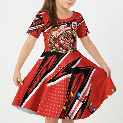 Personalized St. George Illawarra Dragons Rugby Christmas Kid Short Sleeve Dress Holiday Mascot Graphic Art Festive Lights Bow
