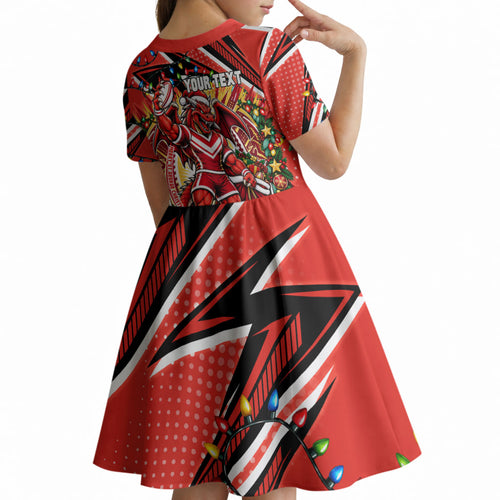 Personalized St. George Illawarra Dragons Rugby Christmas Kid Short Sleeve Dress Holiday Mascot Graphic Art Festive Lights Bow