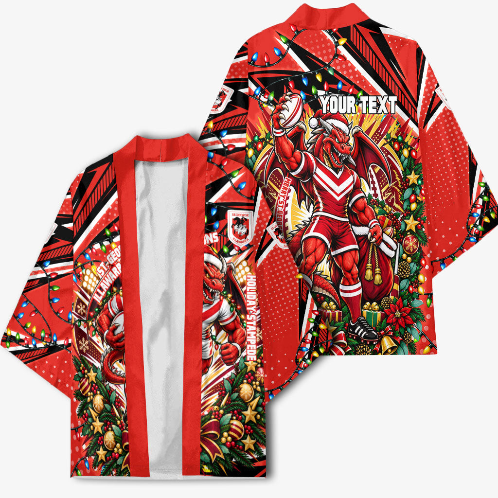 Personalized St. George Illawarra Dragons Rugby Christmas Kimono Holiday Mascot Graphic Art Festive Lights Bow