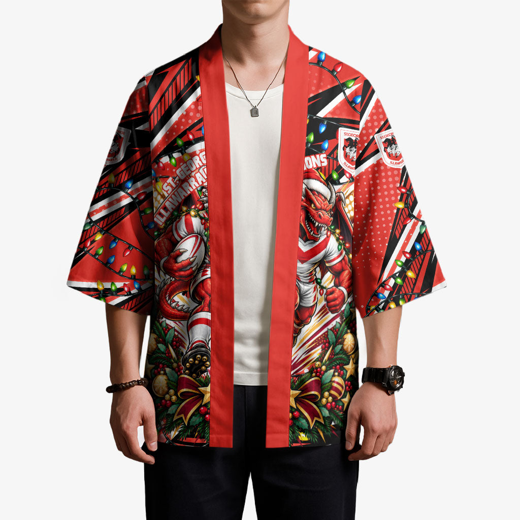 Personalized St. George Illawarra Dragons Rugby Christmas Kimono Holiday Mascot Graphic Art Festive Lights Bow