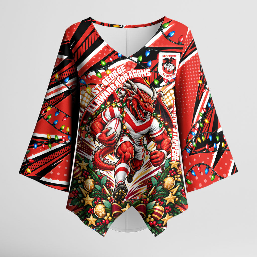 Personalized St. George Illawarra Dragons Rugby Christmas Kimono Sleeve Blouse Holiday Mascot Graphic Art Festive Lights Bow